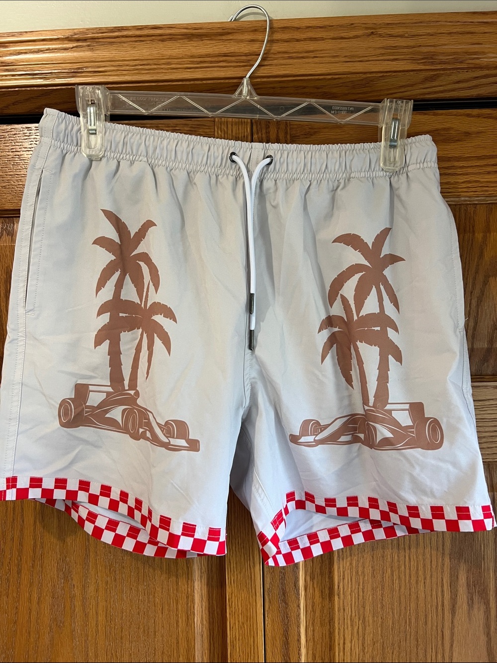 White Men's Swim Trunks with Red Check Hem and Palm Racer Print
